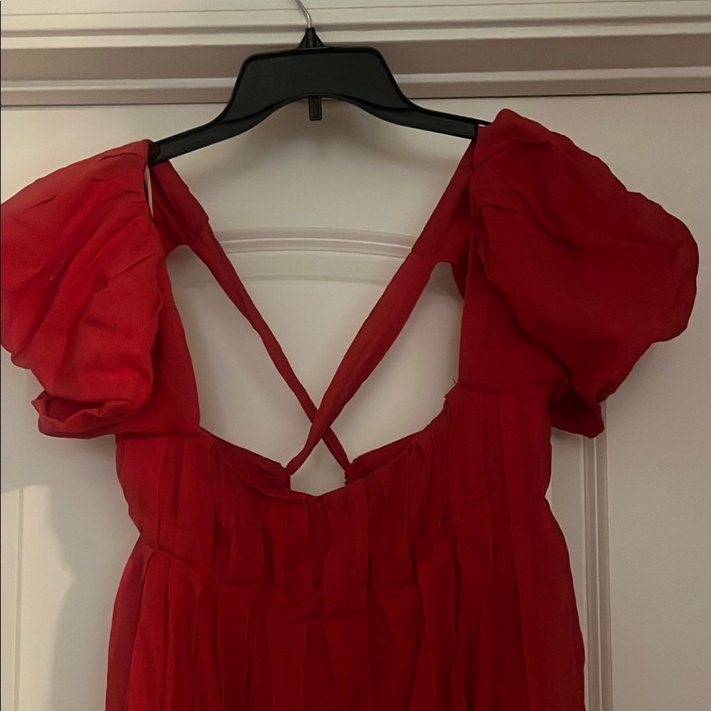 Free People Red Puff Sleeve Dress with beautiful tie strap open back - Picture 2 of 6